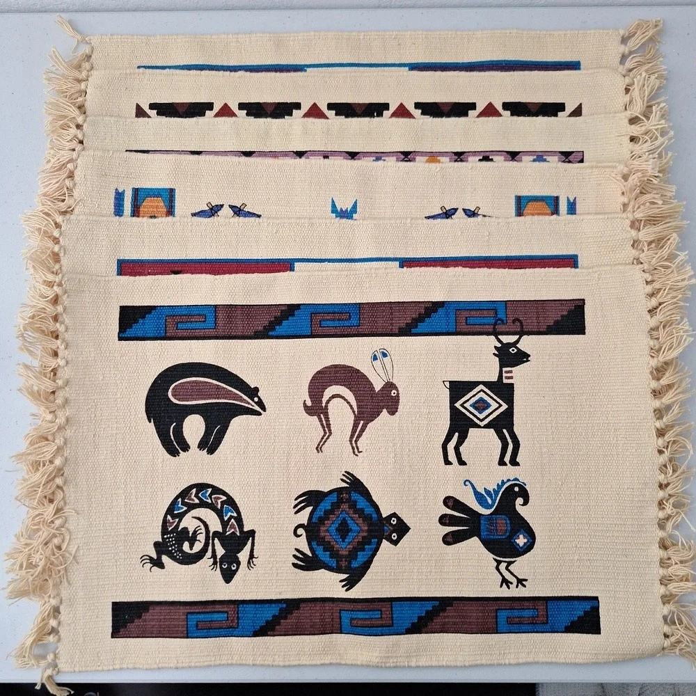 Vtg El Paso Saddleblanket Co Southwestern Woven Placemats Aztez Designs, 6 pc